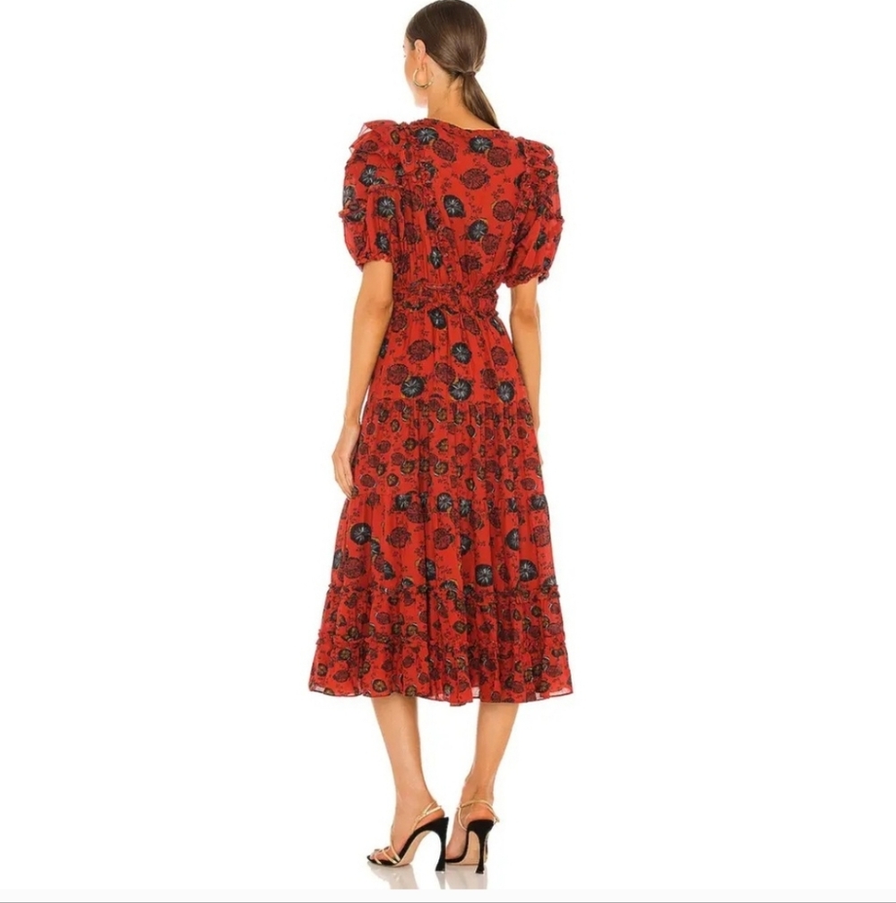 Ulla Johnson Red Floral Midi Dress with Black Accents - Picture 2 of 6